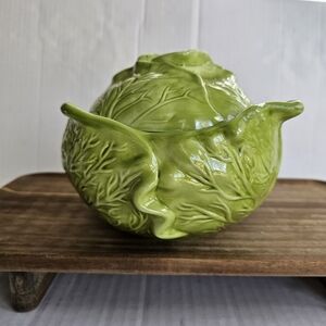 Vintage Holland Mold Cabbage Bowl With Lid Ceramic Green Cabbageware Kitchen